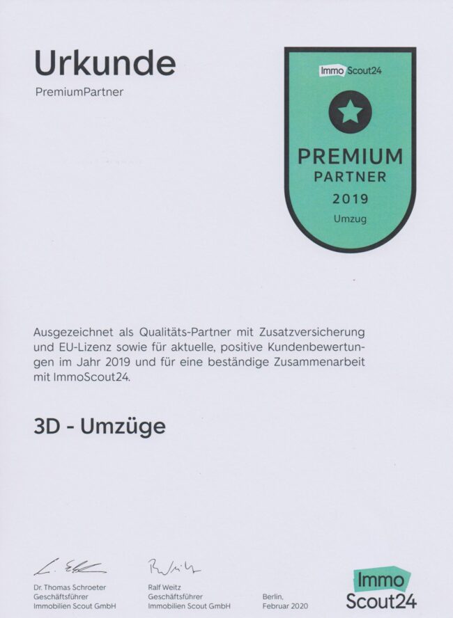 3D-Umzüge in Augsburg: Ausgezeichnet als Qualitätspartner mit Zusatzversicherung und EU-Lizenz.